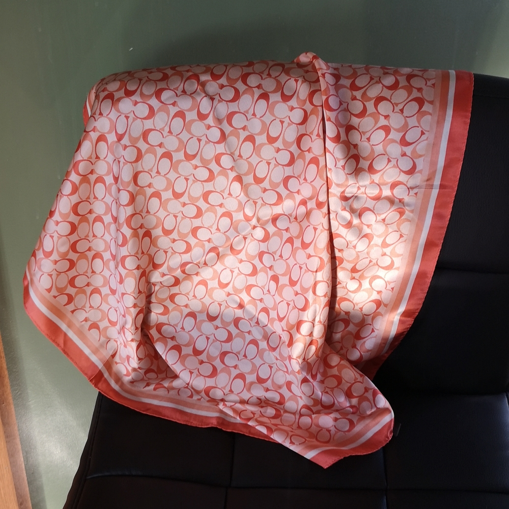 Coach 100% Silk Logo Scarf Kerchief Orange Cream Two Sided